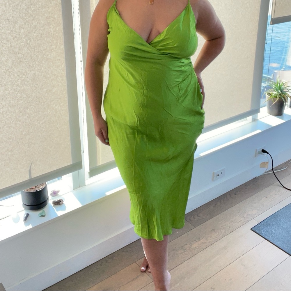 Zara Lime Green Sateen Midi Rouched Dress